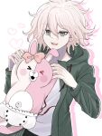  &gt;o&lt; 1boy :d absurdres bow buttons danganronpa_(series) danganronpa_2:_goodbye_despair diaper double-breasted dutch_angle ear_bow fuyu_ko green_jacket grey_eyes hair_between_eyes hands_up heart highres hood hooded_jacket jacket komaeda_nagito long_sleeves messy_hair monomi_(danganronpa) open_clothes open_jacket open_mouth print_shirt shirt smile white_background white_hair white_shirt 