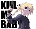  1girl blonde_hair closed_mouth copyright_name grey_jacket gun hair_between_eyes hair_ribbon handgun highres holding holding_gun holding_weapon jacket kill_me_baby long_hair long_sleeves looking_at_viewer necktie ribbon simple_background solo sonya_(kill_me_baby) twintails upper_body very_long_hair violet_eyes weapon white_background yachima_tana 