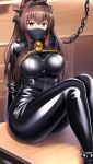  1girl absurdres ai-generated bdsm bodysuit bondage bondage_outfit bound breasts brown_hair chain chained commentary cuffs english_commentary handcuffs highres kantai_collection large_breasts latex latex_bodysuit mask mouth_mask slave solo surgical_mask yamato_(kancolle) 