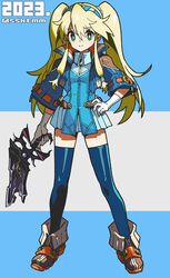  1girl blonde_hair blue_eyes blue_thighhighs clarissa_arwin closed_mouth coat full_body gloves green_eyes gun hairband holding holding_gun holding_weapon long_hair looking_at_viewer sasaki_tomomi shoes sidelocks skirt smile solo thigh-highs twintails weapon white_gloves wild_arms wild_arms_xf 