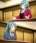 2girls ace_attorney aqua_hair ascot bang_dream! blue_jacket bow braid buttons comedy commentary cosplay courtroom english_commentary fries_vanquisher green_eyes highres hikawa_hina hikawa_sayo indoors jacket lapel_pin long_hair miles_edgeworth miles_edgeworth_(cosplay) multiple_girls necktie nervous_sweating parody phoenix_wright phoenix_wright_(cosplay) ponytail rectangular_mouth red_jacket red_necktie shirt short_hair siblings side_braids sisters smirk smug sweat table twin_braids twins upper_body waistcoat white_shirt