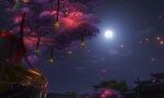  architecture cherry_blossoms clouds east_asian_architecture full_moon highres hy_vong_(phong_canh) lantern moon night night_sky no_humans original outdoors paper_lantern scenery sky third-party_source tree 