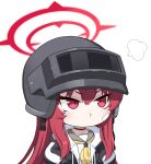  1girl altyn_helmet black_jacket blue_archive closed_mouth grey_sailor_collar hair_between_eyes halo highres jacket kokolokokomika long_hair long_sleeves neckerchief open_clothes open_jacket pout rabu_(blue_archive) red_eyes red_halo redhead sailor_collar solo yellow_neckerchief 