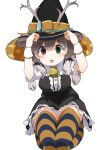  1girl :p absurdres animal_ears antlers bell black_dress blush bow bowtie brown_hair center_frills deer_ears dress extra_ears frilled_dress frills green_eyes halloween hat heterochromia highres iwa_(iwafish) kemono_friends kemono_friends_3 looking_at_viewer multicolored_hair neck_bell official_alternate_costume orange_thighhighs puffy_short_sleeves puffy_sleeves purple_thighhighs red_bow red_bowtie red_eyes reindeer_(kemono_friends) reindeer_antlers reindeer_girl shirt short_sleeves sitting solo striped striped_thighhighs thigh-highs tongue tongue_out twintails white_shirt witch witch_hat wrist_cuffs zettai_ryouiki 