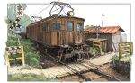  headlight no_humans original railroad_tracks road shed sign train vehicle_focus warning_sign wooden_floor yaruz 