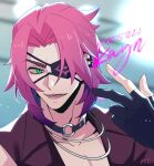  1boy black_gloves english_text eyepatch gloves green_eyes heartsteel_(league_of_legends) heartsteel_kayn highres jewelry kayn_(league_of_legends) league_of_legends looking_at_viewer male_focus mie_onion necklace official_alternate_costume one_eye_covered open_mouth partially_fingerless_gloves pink_hair short_hair smile solo 