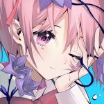  1girl blue_background closed_mouth flower hair_between_eyes kaname_madoka looking_down mahou_shoujo_madoka_magica mitakihara_school_uniform one_eye_closed pink_eyes pink_hair portrait purple_flower red_ribbon ribbon santiao_bai_ban school_uniform solo tears 