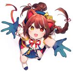  1girl :d absurdres animal_ears arms_up blue_gloves blue_skirt bow bowtie braid brown_hair dog_ears fangs from_above gloves hair_ribbon heterochromia highres inui_toko long_hair nijisanji red_bow red_bowtie red_eyes ribbon sanbaka_anniversary_outfit shirt shoes short_sleeves simple_background skirt smile solo standing sukuna136 twin_braids virtual_youtuber white_background white_shirt yellow_eyes 