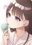  1girl brown_hair choppy_bangs food hair_behind_ear highres holding_ice_cream_cone ice_cream long_hair looking_ahead mint mitora_nao original parted_lips sailor_collar shirt simple_background solo sweat tongue tongue_out upper_body violet_eyes white_background white_sailor_collar white_shirt 