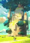  1boy 1girl building clouds day fantasy gnome highres holding_hands katou_oswaldo original outdoors scenery sky tree 