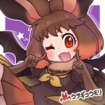  1girl animal_ears bat_ears bat_girl bat_wings brown_eyes brown_hair brown_long-eared_bat_(kemono_friends) da_(bobafett) elbow_gloves extra_ears fang gloves kemono_friends looking_at_viewer one_eye_closed purple_background sailor_collar school_uniform short_hair simple_background skirt smile solo upper_body wings 