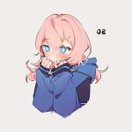  1girl alternate_hairstyle arknights blue_eyes blue_jacket blue_poison_(arknights) blush cropped_torso dailybloopy hair_between_eyes hood hooded_jacket jacket long_hair long_sleeves pink_hair simple_background sleeves_past_wrists solo upper_body 