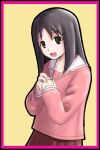  1girl :d azumanga_daioh azumanga_daioh&#039;s_school_uniform black_outline border brown_hair collarbone commentary green_eyes kasuga_ayumu long_sleeves looking_at_viewer looking_to_the_side mahe medium_hair open_mouth outline own_hands_together pink_border pink_serafuku pink_shirt pink_skirt pleated_skirt sailor_collar school_uniform serafuku shirt simple_background skirt smile solo standing upper_body w_arms white_sailor_collar winter_uniform yellow_background 