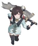  1girl absurdres ahoge aqua_coat brown_hair chinese_knot coat feet_out_of_frame fingerless_gloves gloves greatsword hair_ornament hairpods hand_on_own_hip highres holding holding_weapon knee_pads lapels looking_at_viewer nainainainainaiya over_shoulder parted_lips petite pulao:_dragontoll_(dragonwood)_(punishing:_gray_raven) pulao_(punishing:_gray_raven) punishing:_gray_raven red_eyes short_hair simple_background sleeves_rolled_up solo swept_bangs sword tassel tassel_hair_ornament thigh-highs weapon weapon_over_shoulder white_background zettai_ryouiki 