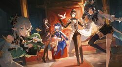  3girls adapted_costume ahoge aranara_(genshin_impact) ascot asymmetrical_legwear bird black_hair black_thighhighs blue_ascot blue_eyes blue_hair blue_headwear brown_gloves brown_hair brown_pants coat dove furina_(genshin_impact) genshin_impact gloves green_eyes hat highres in_hat indoors kodona kongmingbubu lolita_fashion long_sleeves mismatched_legwear multicolored_hair multiple_girls nahida_(genshin_impact) necktie open_mouth pants pointy_ears raiden_shogun shirt sidelocks sitting smile streaked_hair thigh-highs top_hat venti_(genshin_impact) white_coat white_hair white_necktie white_shirt white_thighhighs zhongli_(genshin_impact) 