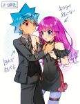  1boy 1girl adjusting_another&#039;s_clothes black_dress blue_eyes blue_hair clothing_cutout collared_shirt dress formal grey_shirt highres kamijou_tatsuhisa kirishima_romin long_hair necktie pantyhose purple_hair purple_pantyhose red_eyes satoimo_(3311_mi) shirt shoulder_cutout spiky_hair suit sweatdrop thigh_strap yu-gi-oh! yu-gi-oh!_sevens 