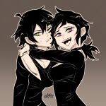  2girls andrew_graves ashley_graves black_hair breasts collar genderswap genderswap_(mtf) green_eyes highres holding holding_knife hug knife looking_at_viewer multiple_girls one_eye_closed pink_eyes ponytail short_hair sytokun the_coffin_of_andy_and_leyley tongue tongue_out 