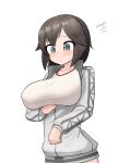 1girl absurdres black_hair breasts cowboy_shot grey_eyes hayasui_(kancolle) highres jacket kantai_collection large_breasts maru_(marg0613) one-hour_drawing_challenge open_clothes open_jacket shirt short_hair simple_background solo track_jacket white_background white_jacket white_shirt