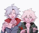  2girls :d ahoge blue_hair collarbone collared_shirt danganronpa:_trigger_happy_havoc danganronpa_(series) facing_viewer green_jacket grey_hair hands_up highres holding holding_paper hood hooded_jacket id_:invaded jacket jewelry komaeda_nagito looking_at_viewer male_focus messy_hair multiple_girls open_clothes open_jacket open_mouth paper print_shirt ring shirt simple_background smile v_(vitb12) watermark white_background white_shirt 