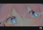  1girl arknights blue_eyes blue_poison_(arknights) blush close-up commentary dailybloopy hair_between_eyes letterboxed pink_hair solo 