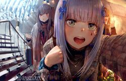  3girls 404_(girls&#039;_frontline) absurdres alternate_costume artist_name bag chandelier girls_frontline hani_haya highres hk416_(girls&#039;_frontline) jacket jewelry lamp multiple_girls necklace pov_doorway scar scar_across_eye shopping_bag siblings sisters stairs teardrop_tattoo ump45_(girls&#039;_frontline) ump9_(girls&#039;_frontline) waving 