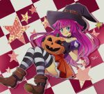  1girl black_choker black_gloves blue_eyes brown_footwear choker food gloves halloween hat highres holding holding_food holding_pumpkin holding_vegetable kirishima_romin long_hair looking_at_viewer miyuki_tsukiyono off_shoulder pumpkin purple_hair red_skirt skirt smile solo star_(symbol) striped striped_thighhighs thigh-highs tongue tongue_out vegetable witch_hat yu-gi-oh! yu-gi-oh!_sevens 