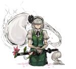  1girl bandaged_arm bandages black_hairband closed_mouth full_body ghost green_eyes green_skirt green_vest hairband highres holding holding_sword holding_weapon katana konpaku_youmu konpaku_youmu_(ghost) looking_at_viewer seiza short_sleeves simple_background sitting skirt sleep_(isliping) solo sword touhou vest weapon white_background 