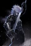  1boy bodysuit clenched_hand cofffee cyborg eyepatch gloves highres holding holding_weapon katana looking_at_viewer male_focus metal_gear_(series) metal_gear_rising:_revengeance raiden_(metal_gear) solo sword weapon white_hair 