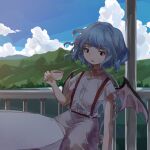 1girl blue_hair blue_sky clouds commentary_request cup day flat_chest holding holding_cup on_chair open_mouth pants red_eyes remilia_scarlet retrochaossan shirt short_hair short_sleeves sitting sky solo suspenders sweat table teacup touhou white_pants white_shirt wings 