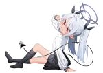  1girl absurdres black_skirt black_socks black_tail blue_archive grey_hair grey_halo halo highres honi_(honi1010) iori_(blue_archive) long_hair long_sleeves pleated_skirt pointy_ears red_eyes shirt simple_background skirt socks solo twintails white_background white_shirt 