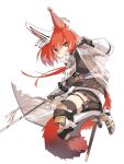  1girl animal_ears arknights armor black_skirt black_thighhighs boots closed_mouth ear_covers earpiece flametail_(arknights) full_body gambeson gauntlets highres holding holding_weapon knee_boots orange_eyes pleated_skirt red_eyes redhead simple_background single_ear_cover skirt solo squirrel_ears squirrel_girl squirrel_tail tail thigh-highs thigh_strap weapon white_background yachima_tana 
