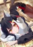  1girl absurdres animal_ear_fluff animal_ears black_hair black_hoodie black_pantyhose black_shorts cat closed_mouth double-parted_bangs feet_out_of_frame hair_ornament hairclip highres hihi_(oekakihix) hololive hood hood_down hoodie indoors long_sleeves looking_at_viewer low-braided_long_hair lying multicolored_hair official_alternate_costume on_floor on_side ookami_mio ookami_mio_(3rd_costume) pantyhose redhead short_shorts shorts smile solo streaked_hair tail two-tone_hoodie virtual_youtuber white_hoodie wolf_ears wolf_girl wolf_tail wooden_floor yellow_eyes 