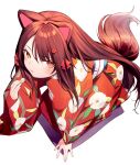  1girl :t all_fours animal_ears blonde_hair brown_hair closed_mouth dog_ears dog_tail floral_print flower hair_flower hair_ornament hair_ribbon inui_toko_(4th_costume) japanese_clothes kimono long_hair long_sleeves nijisanji print_kimono red_eyes ribbon simple_background solo sukuna136 tail very_long_hair virtual_youtuber white_background yellow_eyes 