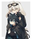  2boys animal_ears black_coat black_gloves black_hair blue_eyes blue_lock border cat_boy cat_ears coat cowlick gloves goggles goggles_on_head grey_background haiiro_(frabilovelove) hair_between_eyes highres isagi_yoichi looking_at_another male_focus multiple_boys nagi_seishirou open_clothes open_coat playing_with_another&#039;s_ears rabbit_boy rabbit_ears rabbit_tail short_hair simple_background sweatdrop tail white_border white_hair wide-eyed 