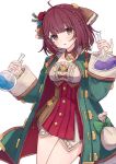  1girl ahoge atelier_(series) atelier_sophie blue_coat brown_eyes coat collared_coat corset cross-laced_clothes cross-laced_top dalachi_(headdress) flask frills hair_ornament highres holding holding_flask jewelry legs_together long_coat long_sleeves looking_at_viewer necklace open_mouth red_skirt redhead round-bottom_flask sateto_(user_knrf2332) short_hair simple_background skirt solo sophie_neuenmuller white_background 