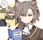  1girl 1other ? ?? animal_ears arknights ascot book braid brown_coat brown_hair coat doctor_(arknights) extra_ears hair_between_eyes hair_ornament holding holding_book holding_pointer long_hair looking_at_viewer maguro_kan oekaki open_book open_mouth penance_(arknights) pointer portrait simple_background solo sweatdrop translation_request white_ascot white_background wolf_ears wolf_girl 