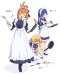  3girls apron black_dress black_footwear blonde_hair blue_eyes blue_hair blush_stickers boots breasts character_name closed_eyes closed_mouth dress food full_body green_hair highres holding long_hair long_sleeves maid maid_apron maid_headdress multicolored_hair multiple_girls musical_note open_mouth orange_eyes orange_hair original pancake pink_hair sharp_teeth short_sleeves simple_background socks spatula squatting sweat teeth thigh-highs translation_request white_apron white_background white_socks white_thighhighs yachima_tana yachimata_kana 