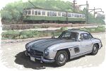  1boy brick bush car driving enoshima_electric_railway grass headlights license_plate mercedes-benz mercedes-benz_300sl motor_vehicle original road train vehicle_focus wheel yaruz 