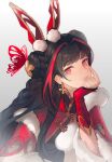  1girl black_dress black_hair china_dress chinese_clothes closed_mouth detached_sleeves double_bun dress earrings fiiiiiiisher7 fur-trimmed_dress fur_trim gwen_(league_of_legends) hair_bun highres jewelry league_of_legends league_of_legends:_wild_rift long_hair looking_at_viewer multicolored_hair mythmaker_gwen official_alternate_hair_color red_dress red_eyes redhead solo streaked_hair two-tone_dress two-tone_hair 