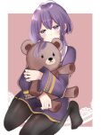  1girl bernadetta_von_varley black_pantyhose blush border closed_mouth earrings fire_emblem fire_emblem:_three_houses grey_eyes holding holding_stuffed_toy jewelry konoka624 large_teddy_bear long_sleeves looking_at_viewer pantyhose pink_background purple_hair short_hair simple_background solo stuffed_animal stuffed_toy teddy_bear white_border 