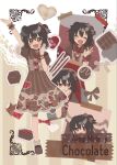  1girl akagi_miria arm_up black_hair blush box box_of_chocolates brown_dress brown_eyes brown_footwear candy chair character_name chocolate chocolate_bar closed_eyes closed_mouth dot_nose dress english_text food food-themed_clothes frilled_dress frills hair_between_eyes hair_ornament hair_ribbon hand_on_own_chin hand_to_own_face heart highres holding holding_box holding_food idolmaster idolmaster_cinderella_girls medium_hair monakocoa on_chair open_mouth pocky puffy_short_sleeves puffy_sleeves ribbon short_sleeves short_twintails smile solo solo_focus standing standing_on_one_leg straight_hair tape twintails wrist_cuffs 