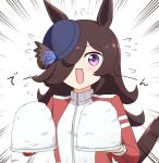  animal_ears black_hair blush breasts commentary_request flower food hair_over_one_eye hat horse_ears horse_girl horse_tail jacket kimukimu long_hair looking_at_viewer open_mouth plate portrait rice rice_shower_(umamusume) signature small_breasts tail track_jacket umamusume violet_eyes white_background 