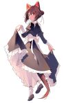  animal_ears black_dress blonde_hair braid brown_hair closed_mouth dog_ears dog_tail dress flower frilled_dress frills from_behind full_body hair_bun hair_flower hair_ornament heterochromia highres inui_toko_(7th_costume) juliet_sleeves long_sleeves looking_back maid nijisanji puffy_sleeves red_eyes shoes short_hair simple_background skirt_hold sukuna136 tail virtual_youtuber white_background 