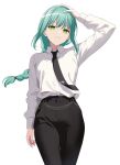  1girl absurdres aqua_hair bang_dream! black_necktie black_pants braid braided_ponytail chain chainsaw_man commentary cosplay dress_shirt english_commentary evil_grin evil_smile fries_vanquisher green_eyes grin hand_on_own_head highres hikawa_sayo long_hair long_sleeves looking_at_viewer makima_(chainsaw_man) makima_(chainsaw_man)_(cosplay) necktie pants ringed_eyes shirt simple_background single_braid smile solo white_background white_shirt 