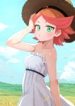  1girl amanda_o&#039;neill clouds day domdom dress green_eyes hat little_witch_academia medium_hair orange_hair outdoors redhead sky solo strapless strapless_dress straw_hat white_dress 