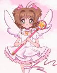 1990s_(style) 1girl :d absurdres antenna_hair artist_name bow brown_hair cardcaptor_sakura chelly_(chellyko) choker clouds cowboy_shot dress frilled_choker frilled_dress frills green_eyes grin hair_bow highres holding holding_wand hoshi_no_tsue kinomoto_sakura layered_dress light_blush looking_at_viewer magical_girl medium_bangs open_mouth pink_bow pink_choker pink_headwear pink_ribbon pink_sky retro_artstyle ribbon short_dress short_hair sky smile solo sparkle swept_bangs thigh_strap wand white_dress white_wings wings