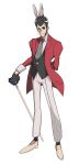  1boy absurdres animal_ears arm_behind_back arsene_lupin_iii bacchus_lpiii black_gloves black_hair black_socks black_vest cane full_body gloves grey_necktie highres holding holding_cane jacket kemonomimi_mode long_sideburns looking_at_viewer lupin_iii male_focus monocle necktie pants rabbit_ears red_eyes red_jacket short_hair sideburns smile socks solo standing vest white_background white_footwear white_pants white_socks 