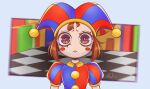  1girl blurry blurry_background brown_hair hat highres jester_cap looking_at_viewer pomni_(the_amazing_digital_circus) puffy_short_sleeves puffy_sleeves short_hair short_sleeves signature solo the_amazing_digital_circus upper_body 