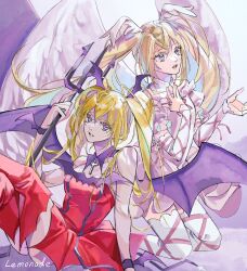  1girl bare_shoulders blonde_hair boots detached_collar dress hair_between_eyes highres holding holding_weapon hoshina_utau looking_at_viewer looking_up lunatic_charm magical_girl open_mouth realemonade red_boots red_dress seraphic_charm shugo_chara! sidelocks sitting thigh-highs thigh_boots twintails violet_eyes weapon white_dress wings 