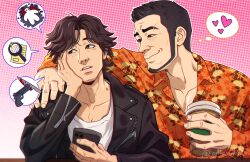  arm_around_shoulder beard black_hair black_jacket brown_eyes brown_hair cellphone chinstrap_beard cup cup_holder eyebrow_cut facial_hair heart highres holding holding_cup holding_disposable_cup_holder holding_instrument holding_saxophone instrument jacket judge_eyes kaito_masaharu leather leather_jacket male_focus orange_shirt pectoral_cleavage pectorals phone saxophone shirt smartphone smile teppn_(gattobamboom) yagami_takayuki 
